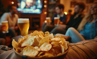 Fototapeta premium Friends watching a game on TV with a bowl of chips and beer on the table.