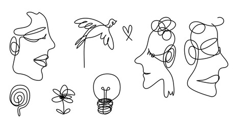 Set of abstract human faces and elements in single line art drawing.
