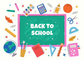 Back to school concept. Blackboard and school supplies. Globe, rulers, book, pencils, chalk lettering. Vector design template for fanner, poster, brochure, background.