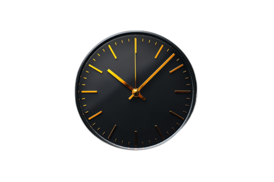 A close-up shot of a black wall clock with gold hands, showing the time at a quarter past two on a transparent background - Powered by Adobe