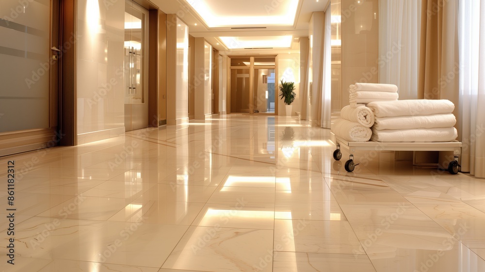 Aufkleber a long hallway with a cart full of towels. the towels are white and stacked on top of each other