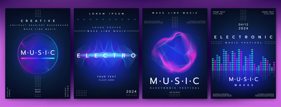 Electro music. Concert invitation. Sound poster design. Musical line waves. Voice frequency. Radio rhythm. Abstract gradient background. Graphic equalizer. Vector future color audio party flyers set