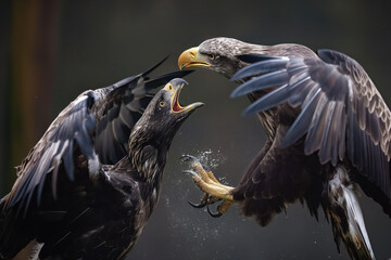 Two juvenile bald eagles fighting for food