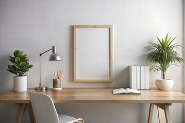 Frame mockup on the wall, ISO A paper size. Home Office wall poster mockup. white tone. 