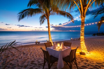 Romantic Dinner on the Beach Under Palm Trees