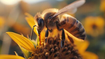 micro photo of a honey bee on a flower in the morning AI generated 