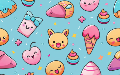 A cartoonish pattern of food items, including a cupcake, a donut