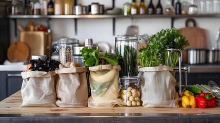 Zero waste grocery shopping with reusable cloth bags, glass jars, and stainless steel containers