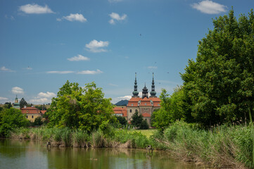 Fish pond in Velehrad, Czech Republic with Basilica of Saints Cyril and Methodius
