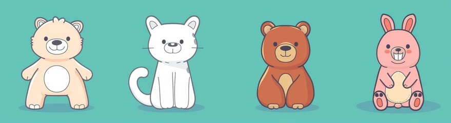 Fototapeta premium Icon set of chibi dog, cat, rabbit, and bear. Round face. Sweet cartoon character. Valentine's day. Sticker print. Flat design. Blue background. Modern illustration.
