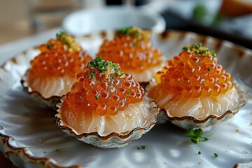 A delicate plate of caviar with gold flakes, served on a mother-of-pearl dish with a small spoon made of bone. 