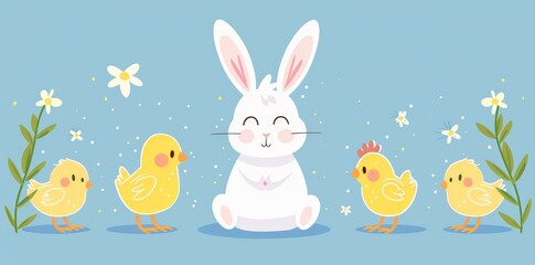 Chicken and bunny set line banner. White rabbit chick head. Egg shape. Happy Easter. Cartoon baby with pink cheeks. Farm animal. Blue background. Flat style.