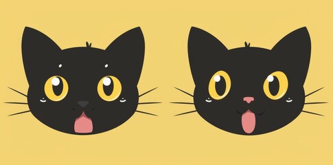 Fototapeta premium Set of funny cats. A surprised, sad, angry face head. Black kitten with big eyes. Cute kawaii pet animal icon. Cartoon funny baby character with pink ears, nose, cheeks. Yellow background. Vector.