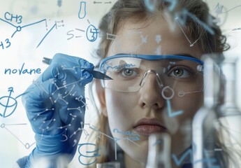 Glass bowl with science and formula idea to study structure of atoms in the laboratory. Woman drawing molecule for chemistry, research development, or medical analysis.