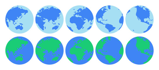 Earth globe icons. Earth hemispheres with continents. Vector world map set.