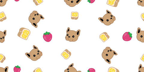 Obraz premium dog seamless pattern french bulldog bread bakery bake food strawberry jam puppy face head vector pet cartoon doodle gift wrapping paper tile background repeat wallpaper scarf isolated illustration des
