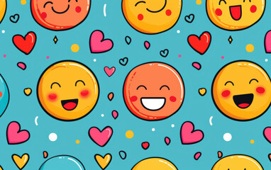 A pattern of smiling faces with hearts surrounding them