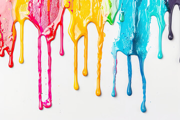 Colorful Paint Drips Flowing Down a White Background in a Spectrum of Rainbow Colors