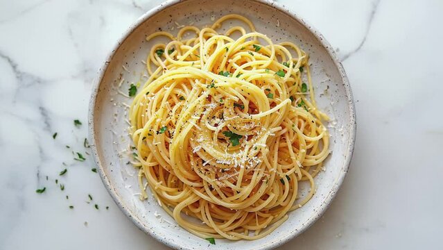 Delicious Plate of Spaghetti Aglio Olio on Marble Background