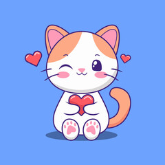 Cute cat holding heart and wink eye cartoon vector illustration