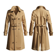 Classic trench coat mockup with front and back design on white background.