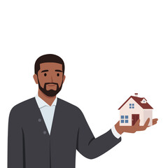 Young man holding house thinking of mortgage or loan. Flat vector illustration isolated on white background