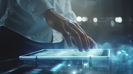 Man with futuristic digital tablet on a project