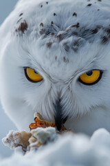 Obraz premium Snowy owl eating prey in winter snow