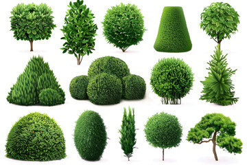 collection of topiary bushes in various shapes and sizes, isolated on white.