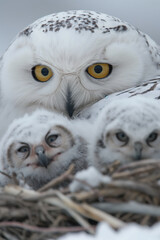 Obraz premium Mother snowy owl protecting chicks in nest