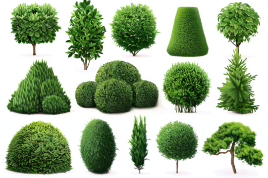 collection of topiary bushes in various shapes and sizes, isolated on white.