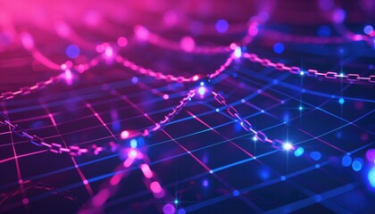 Obraz premium Futuristic Blockchain Network with Glowing Grids and Linked Chains in Pink and Blue Lighting.