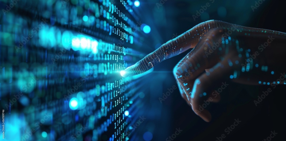 Poster a person touches data flowing on a virtual screen while business analytics, artificial intelligence,