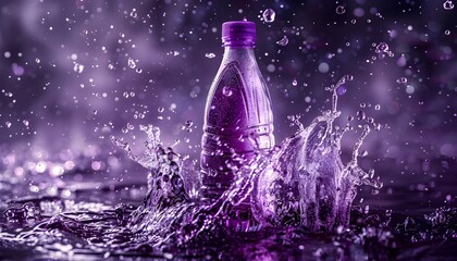 product photograph of bottle of purple color soft drink cola isolated in splash of water. Copy space for text.