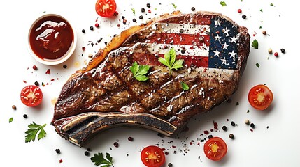 Grilled steak with American flag colors, on white background.