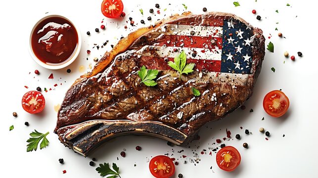 Grilled steak with American flag colors, on white background.