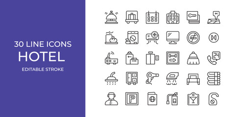 Hotel icon set vector illustration stroke editable. building, key, breakfast and more