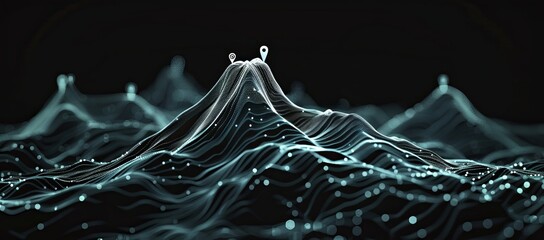 The path to success in digital future style with a business icon. A businessman standing on top of a mountain in a dark background. The way to success in digital future style. Achieving goals and