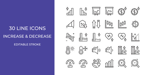 Increase and decrease icon set vector illustration stroke editable. gold, chart, presentation and more