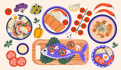 Process of cooking food from above. Ingredients for dishes and food. Chef. Kitchen. Culinary concept. Workshop. Master Class. Preparing food. Flat style. Meal. Making fish, soup, salad. Seafood. Diet