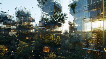 Buildings, sustainability, future and technologies with high-tech metropolis for commercial, residential and eco-friendly. Ai generation, glass and eco-friendly with city for low carbon footprint,
