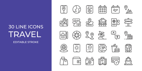 Travel icon set vector illustration stroke editable. schedule, passport, direction and more