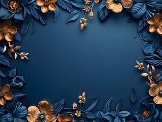Elegant Golden Floral Frame with Intricate Patterns on Deep Blue Background for Invitations  Cards  Brochures  or Posters