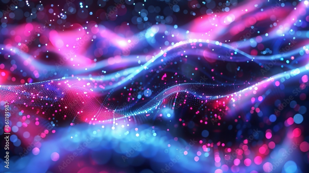 Poster an image of a futuristic head-mounted display with an interface made of glowing fractal particles re