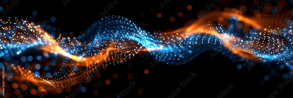 Poster this is a 3d dark purple with blue neon lines wave dots representing digital binary data. concepts i