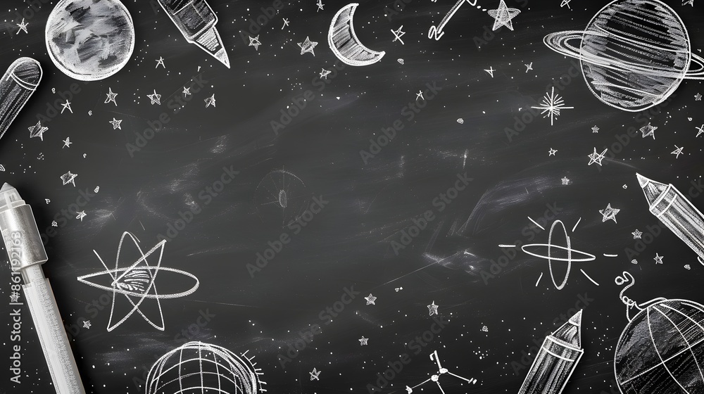 Poster chalkboard style frame with sketched educational concepts on blackboard background