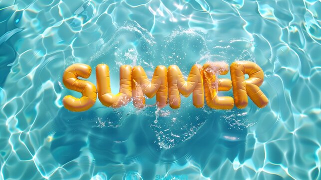 Yellow balloons form the words "Summer" floating in the swimming pool. Summer holiday concept.