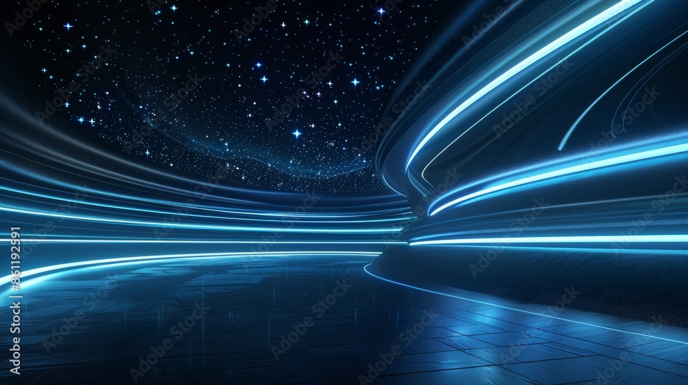 Poster conceptual 3d rendering with curved tunnel, led lights on ceiling and reflection from puddle on wet 