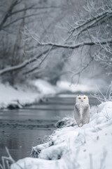 Obraz premium Snowy owl perched on riverbank in winter wonderland