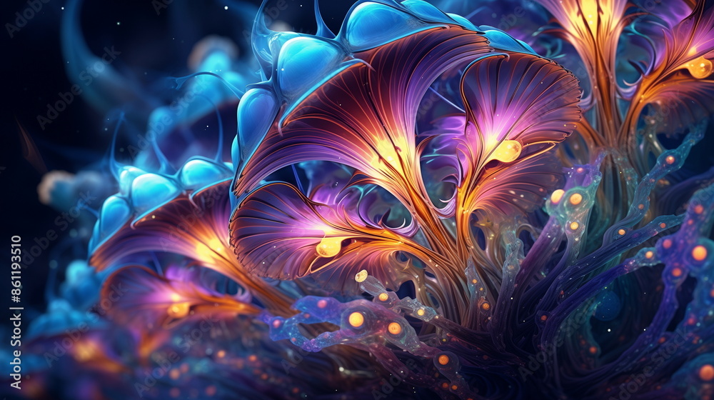 Poster bright colorful fractal flower in a swirling digital pattern background